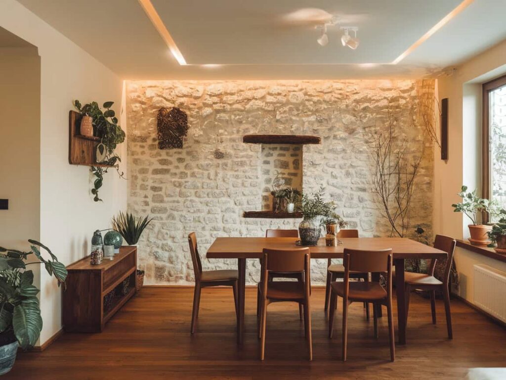 Τραπεζαρία με Πέτρινο Τοίχο και Ξύλινο Σετ Τραπεζαρίας